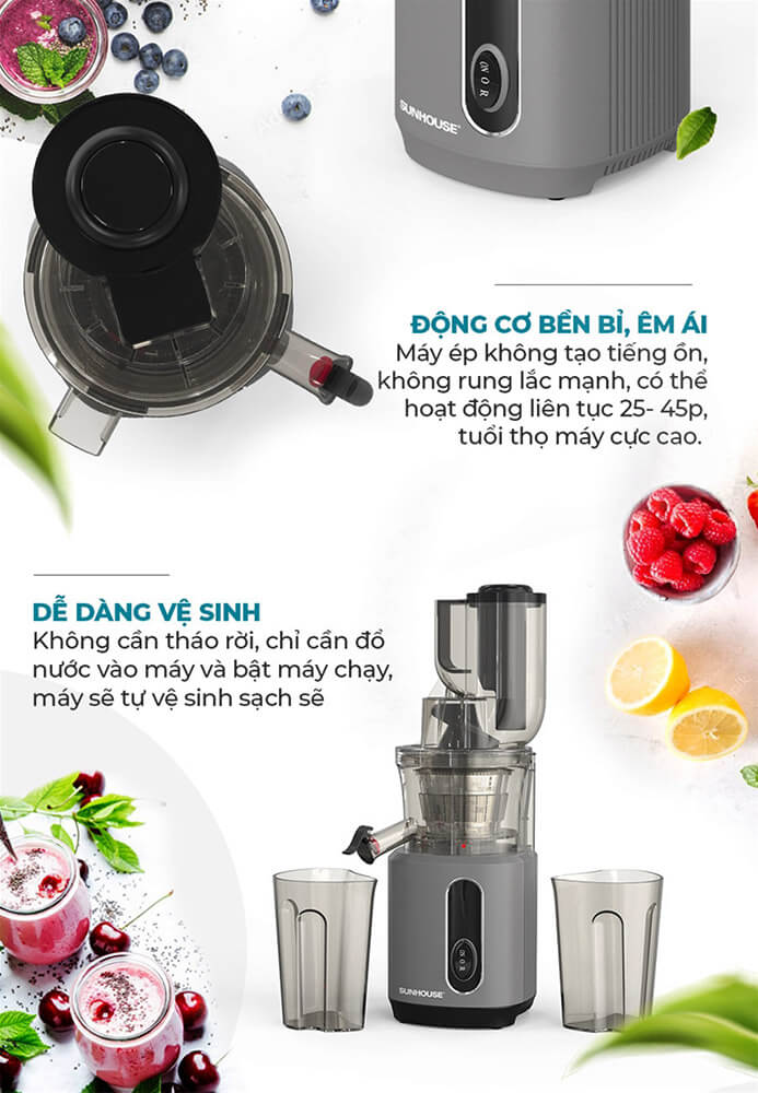 Máy ép chậm Sunhouse SHD5503 bền bỉ và dễ vệ sinh