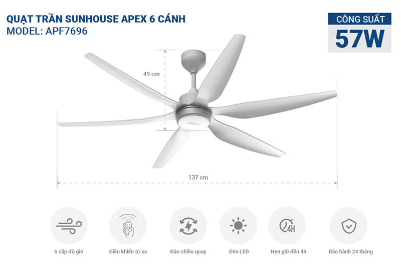 Quạt trần đèn Sunhouse APEX APF7696 6 cánh
